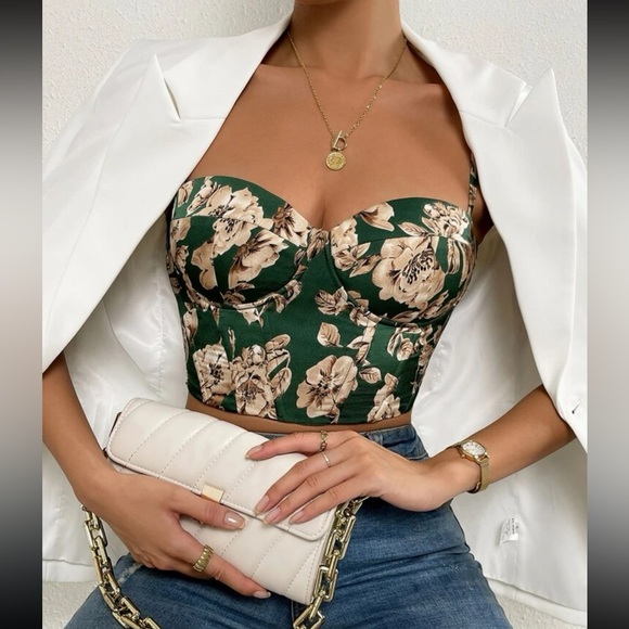 Boho floral print lace up back bustier corset tube satin top - Picture 6 of 16